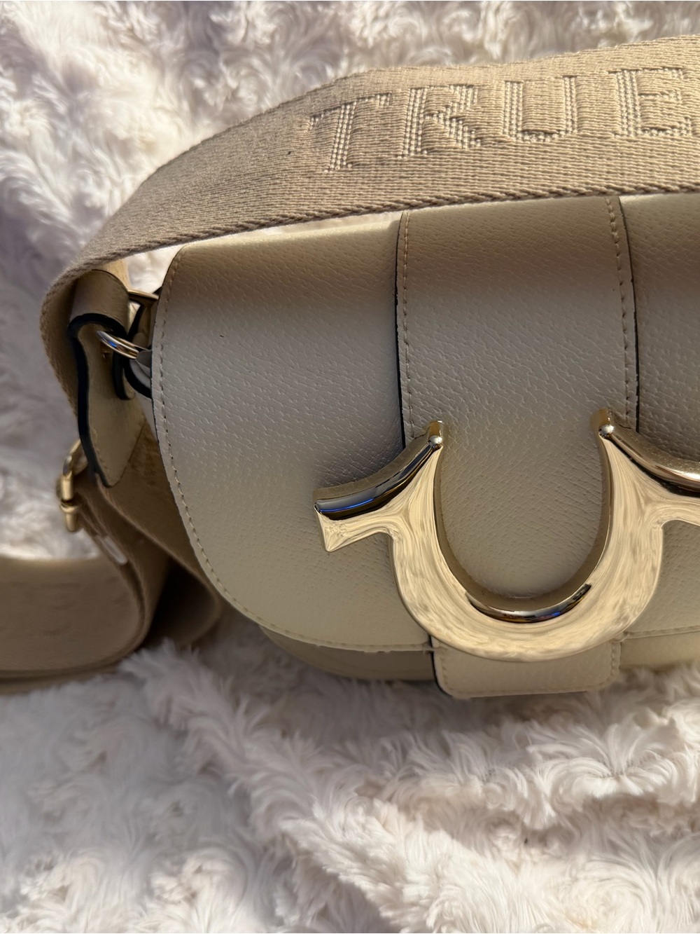 True Religion Beige Saddle Crossbody with Gold Hardware